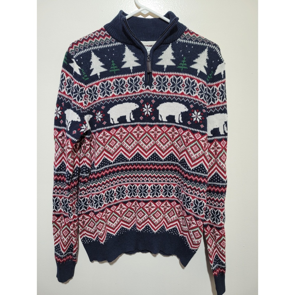 Aspen Quarter Zip Sweater Mens Medium Blue Red Fair Isle Polar‎ Bear